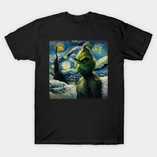 Whimsical Night: Mischievous Green Character - Starry Night Inspired Holiday Art T-Shirt by Edd Paint Something